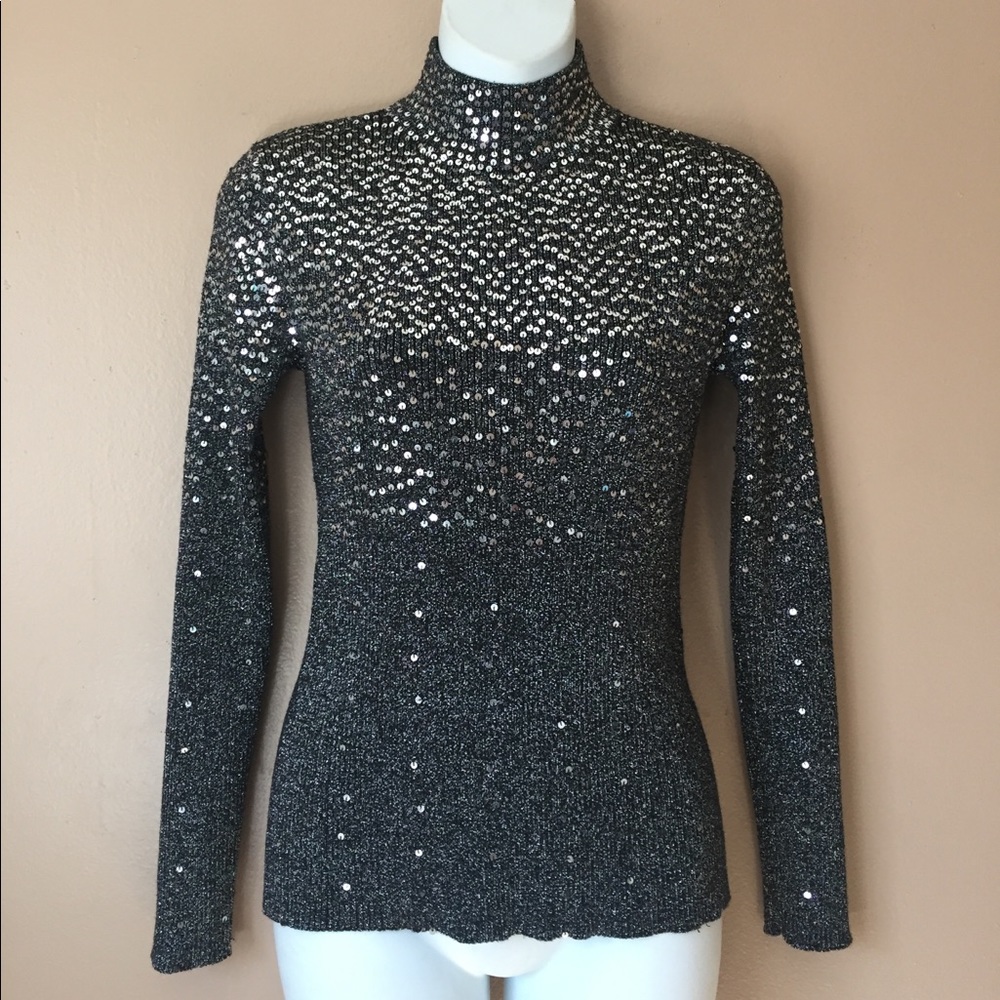 Once 1Again Silver Sequin Metallic Sparkly Sweater